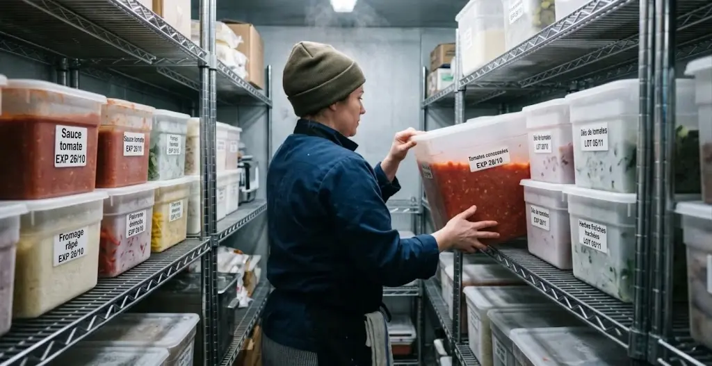 Un employé place un contenant étiqueté sur une étagère de chambre froide pour la rotation des stocks.