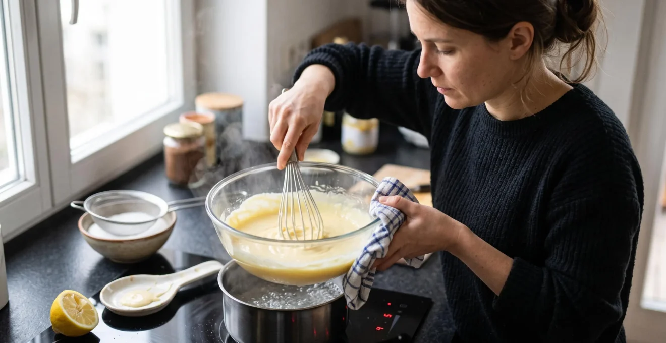 Une personne fouette une crème au citron dans un saladier posé en bain-marie sur une plaque à induction.