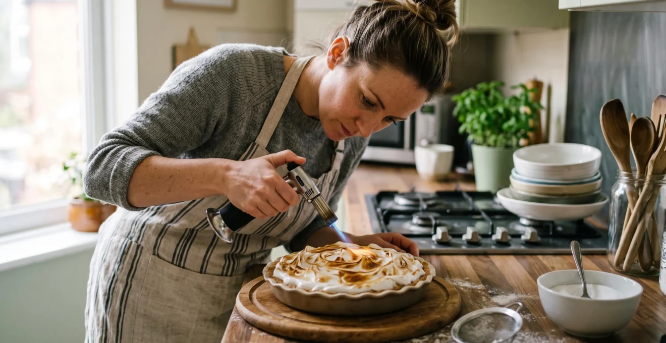 Un pâtissier amateur caramélise la surface d'une meringue avec un chalumeau de cuisine dans une cuisine domestique.