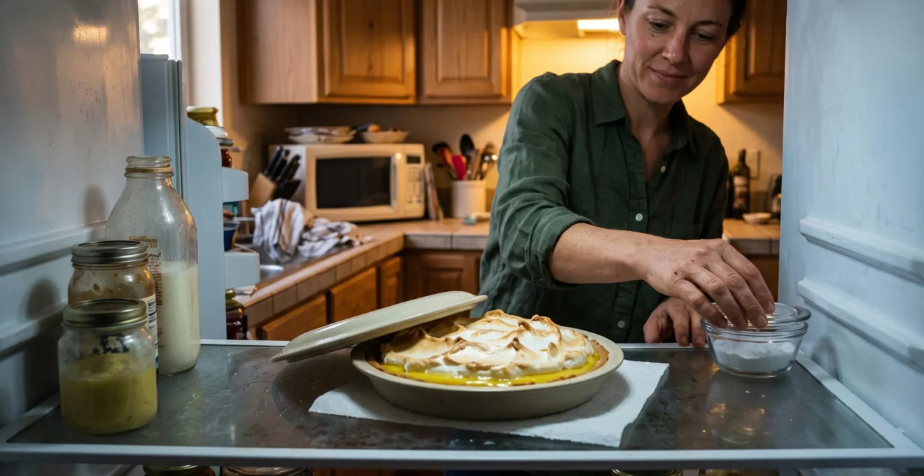 Une tarte au citron meringuée posée dans un réfrigérateur ouvert, dans une boîte pâtissière entrouverte, avec un petit bol de bicarbonate sur une étagère.