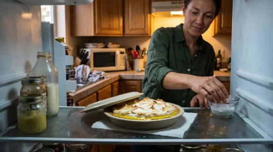 Une tarte au citron meringuée posée dans un réfrigérateur ouvert, dans une boîte pâtissière entrouverte, avec un petit bol de bicarbonate sur une étagère.