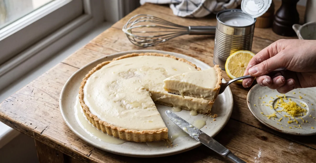 Une part de tarte au citron végétale au lait de coco présente des traces de séparation et un léger suintement, posée sur une table de cuisine en bois.