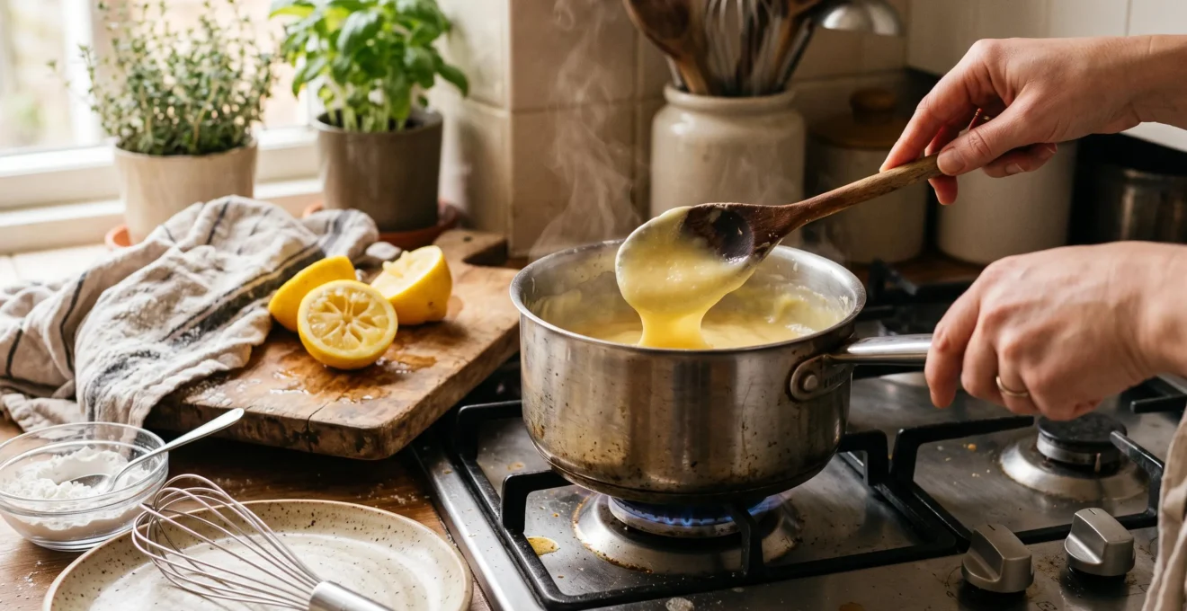 Une crème au citron épaississant dans une casserole, remuée à la cuillère en bois, avec de la fécule de maïs et des citrons à côté sur le plan de travail.