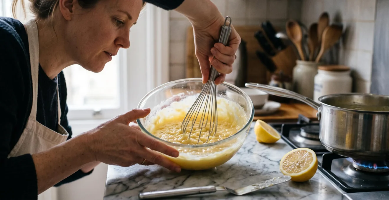 Un cuisinier examine la texture granuleuse d'une crème au citron dans un bol de verre avec un fouet dans une cuisine.