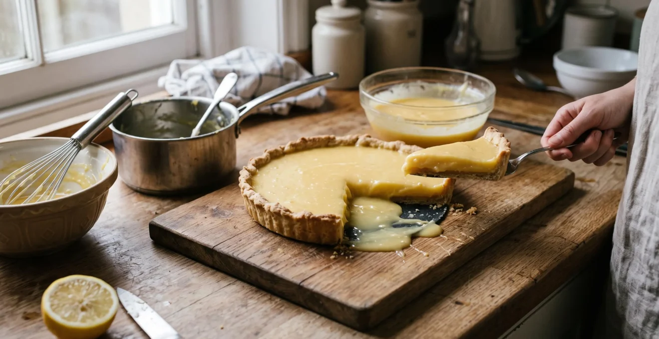 Une part de tarte au citron fraîchement coupée laisse couler une crème au citron liquide sur le fond de tarte et le plan de travail.
