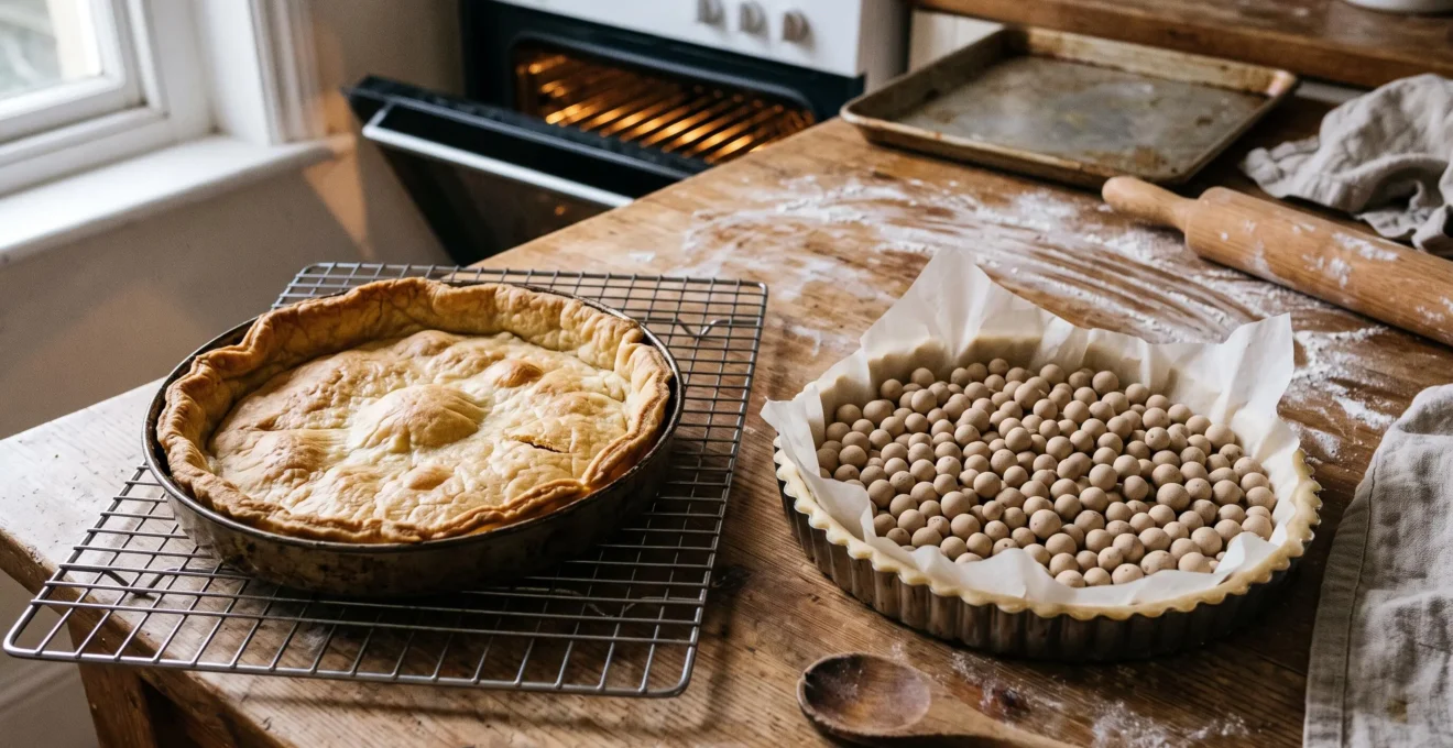 Un fond de tarte cuit à blanc aux bords gondolés et au centre bombé posé sur une grille, à côté d'un fond cru garni de billes de cuisson dans du papier cuisson.