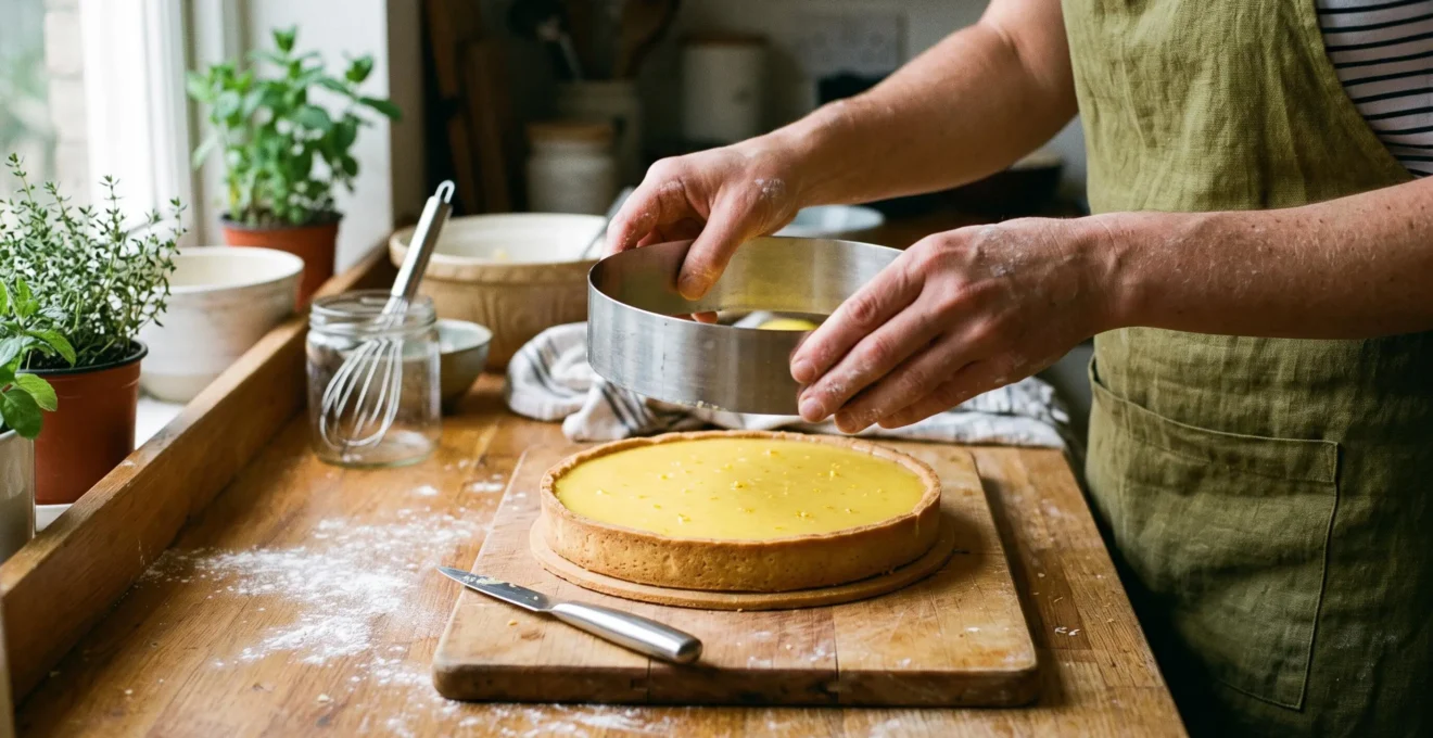 Des mains soulèvent le cercle d'un moule à fond amovible pour démouler une tarte au citron entière aux bords nets sur un plan de travail de cuisine.