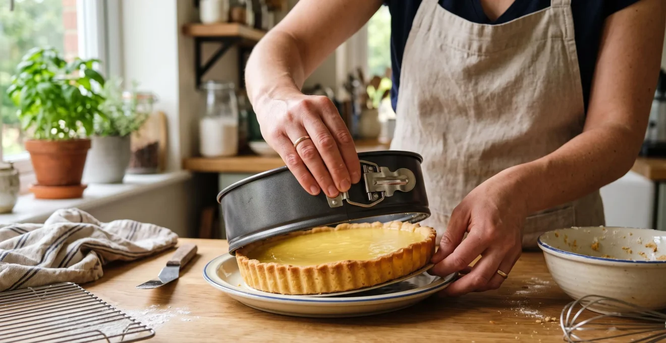 Une personne ouvre le cercle d'un moule à charnière pour démouler une tarte au citron intacte sur un plat de service dans une cuisine.