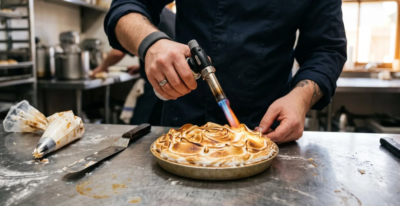 Un pâtissier dore la meringue d'une tarte au citron avec un chalumeau, en maintenant la flamme en mouvement à distance de la surface.