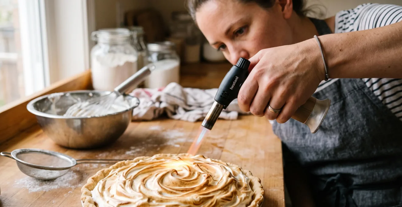 Un pâtissier dore uniformément la surface d'une meringue au chalumeau, à bonne distance de la flamme.