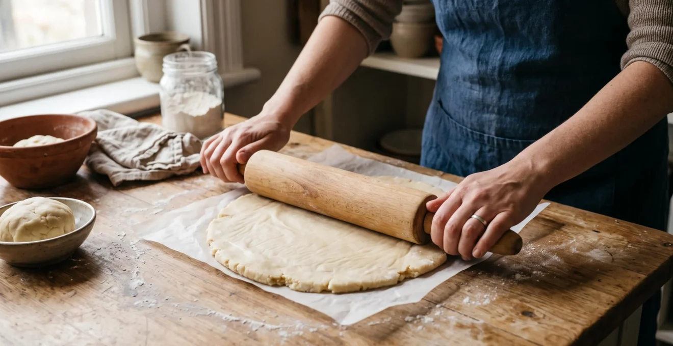 Des mains étalent une pâte sablée au rouleau en bois, entre deux feuilles de papier cuisson posées sur un plan de travail froid.