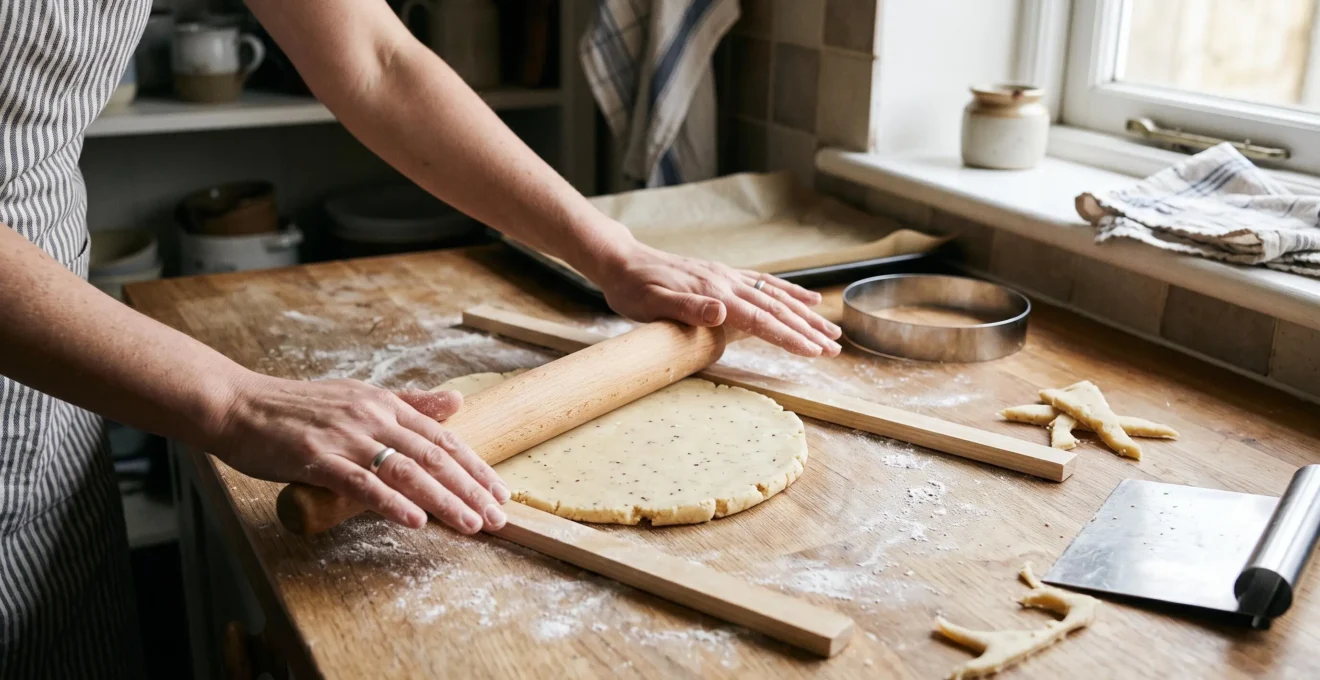Une personne étale une pâte au rouleau posé sur deux baguettes guides de même épaisseur, sur un plan de travail en bois légèrement fariné.