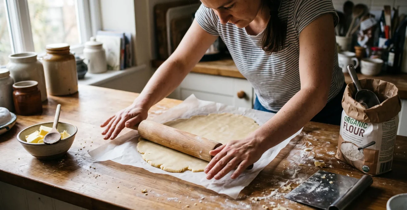 Mains d'un pâtissier amateur étalant une pâte sablée au rouleau en bois entre deux feuilles de papier cuisson sur un plan de travail fariné.