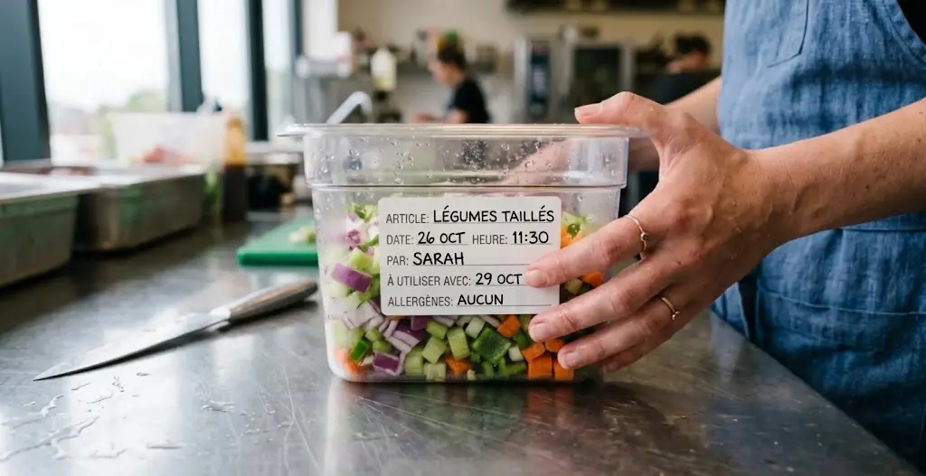 Gros plan sur une étiquette alimentaire remplie collée sur un contenant de légumes préparés.