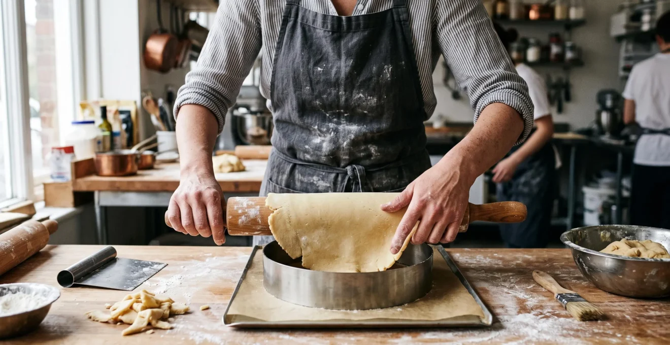 Un pâtissier abaisse une pâte sur un rouleau et la laisse retomber par gravité dans un moule à tarte à bords hauts.