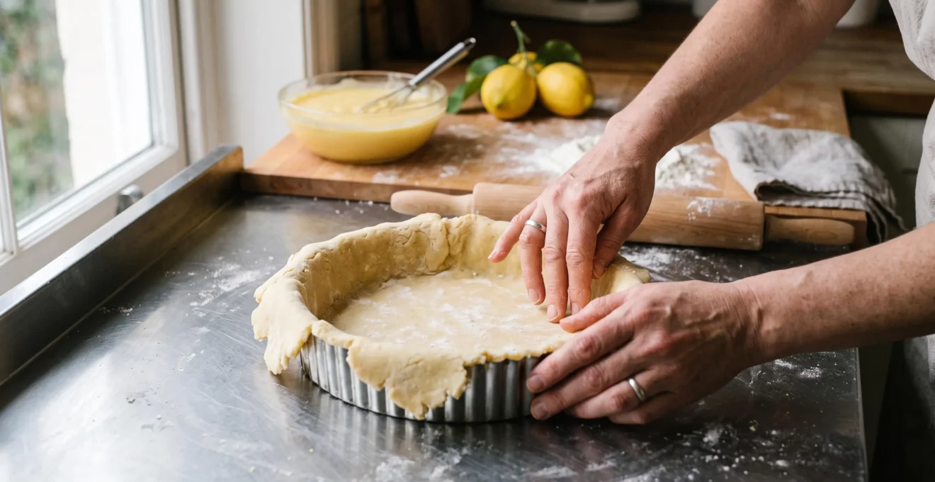 Un pâtissier presse du bout des doigts une pâte sablée abaissée dans un cercle à tarte à bords hauts, sans l'étirer, sur un plan de travail fariné.