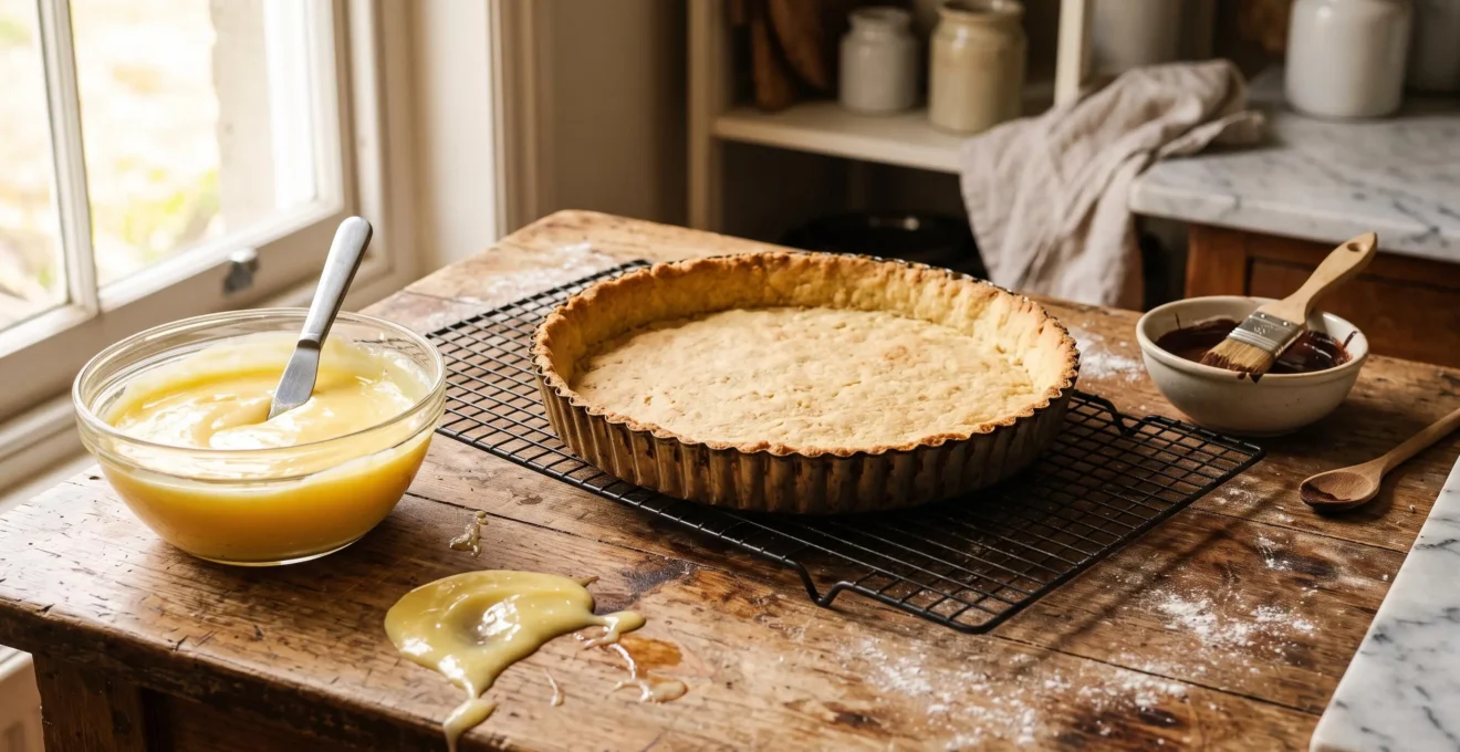Un fond de tarte doré repose sur une grille de refroidissement à côté d'un bol de crème au citron et d'un pinceau de pâtisserie.