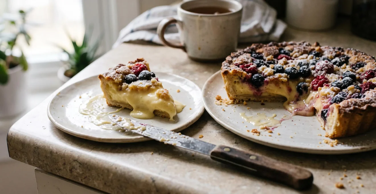 Une part de tarte à la crème coupée au comptoir de cuisine, dont la garniture fondante coule sur l'assiette en formant une flaque luisante.