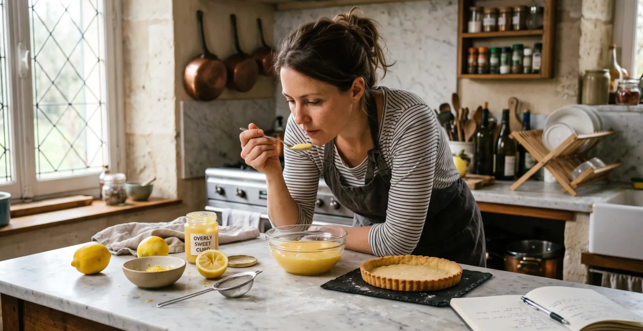 Une pâtissière goûte à la cuillère un lemon curd dans un bol de verre posé sur un plan de travail en pierre, entourée de citrons et d'un fond de tarte sablée.