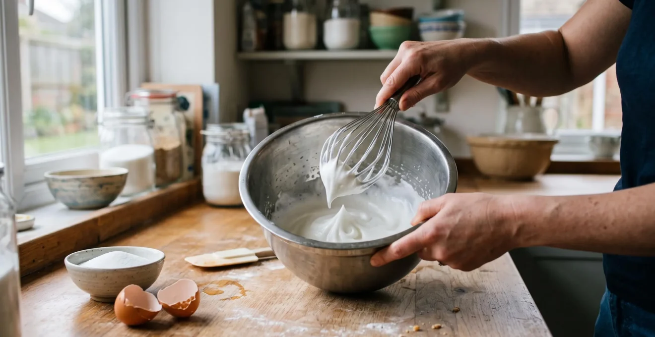 Une personne fouette des blancs en neige fermes et brillants dans un bol en inox sur un plan de travail de cuisine.