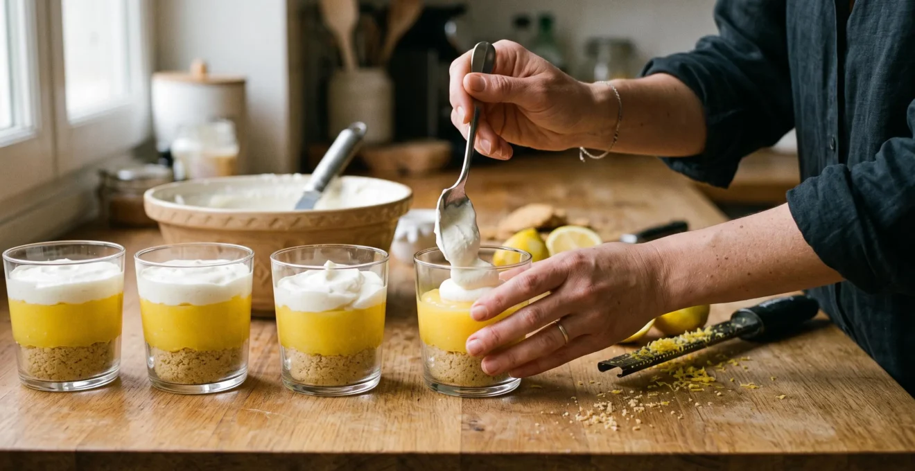 Des verrines individuelles façon tarte au citron en cours de montage sur un plan de cuisine, avec des couches de biscuit, de crème au citron et de crème fouettée.