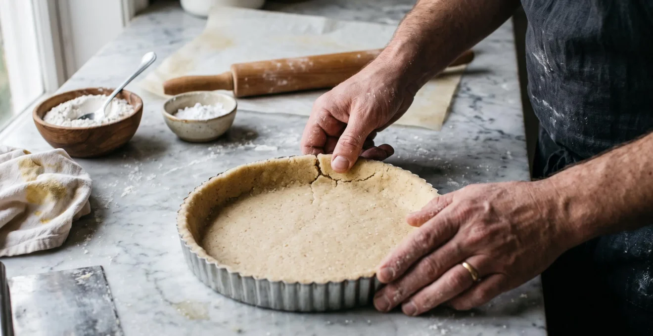 Des mains ajustent une pâte à la farine de riz dans un cercle à tarte, une fissure visible sur le bord étant refermée avec le pouce.