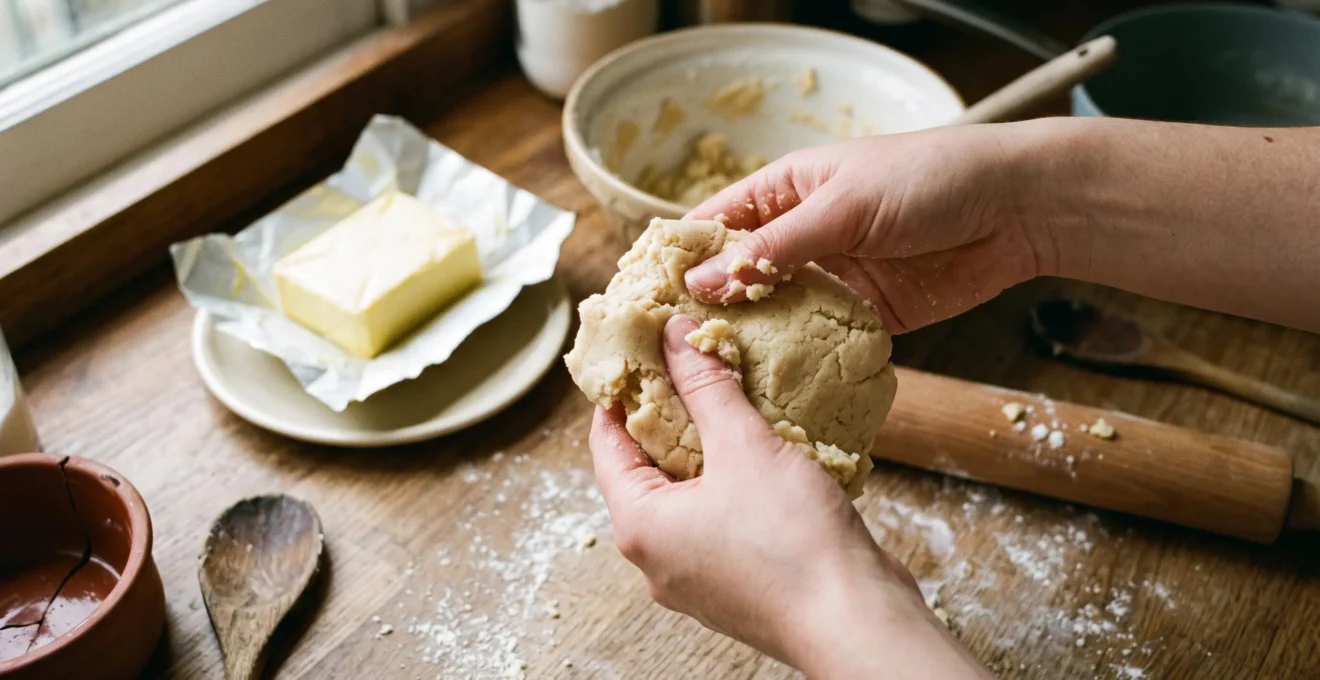 Des mains pressent une pâte sablée molle et légèrement grasse faite avec de la margarine sur un plan de travail de cuisine, à côté d'un bloc de margarine ouvert.