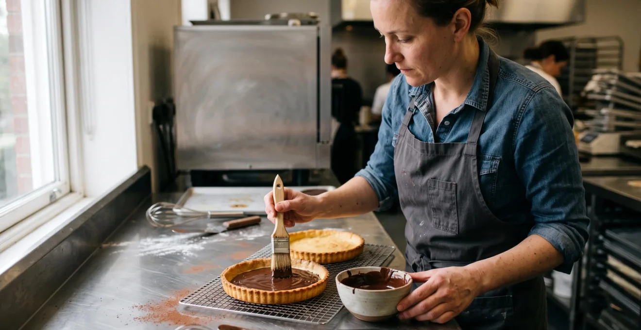Un pâtissier applique au pinceau une fine couche de chocolat fondu sur le fond d'une coque de tarte dorée posée sur une grille de refroidissement.