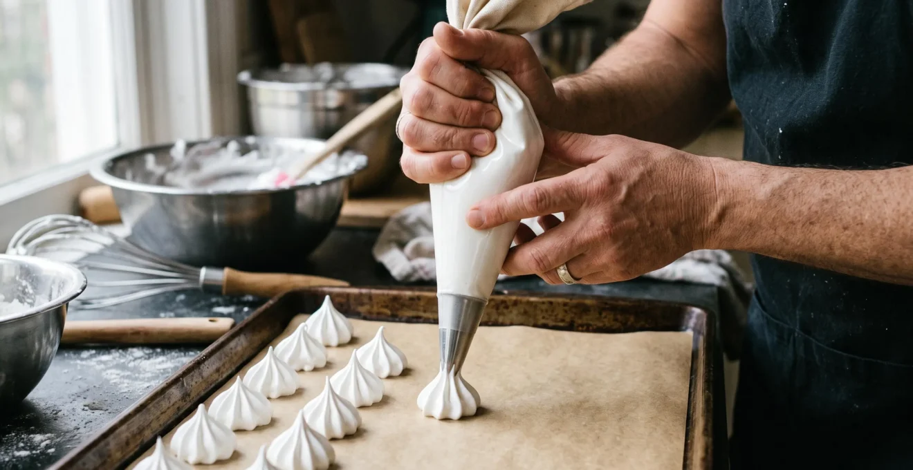 Mains d'un pâtissier pochage d'une pointe de meringue blanche avec une poche à douille sur une plaque recouverte de papier cuisson