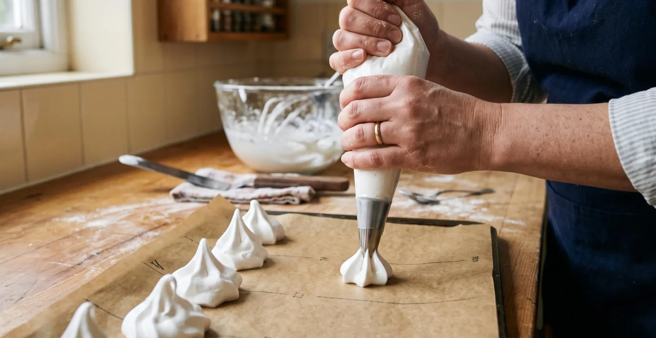 Mains en train de pocher des pointes de meringue blanches avec une poche à douille sur du papier cuisson dans une cuisine.