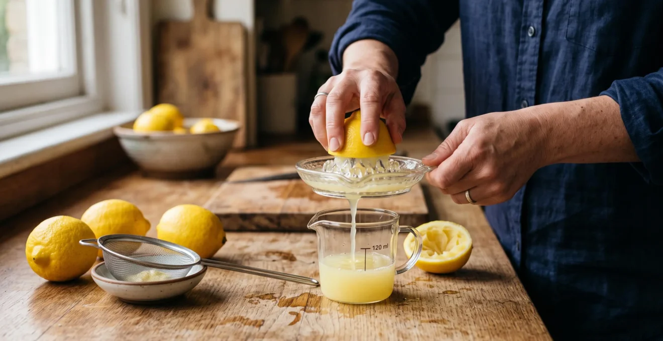 Des mains pressent un demi-citron sur un presse-agrumes manuel, le jus jaune s'écoulant dans un verre doseur posé sur un plan de travail en bois.