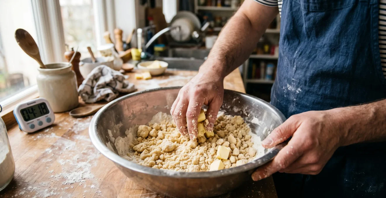 Mains d'un pâtissier sablant du beurre et de la farine dans une cuve, formant des grumeaux sableux irréguliers.