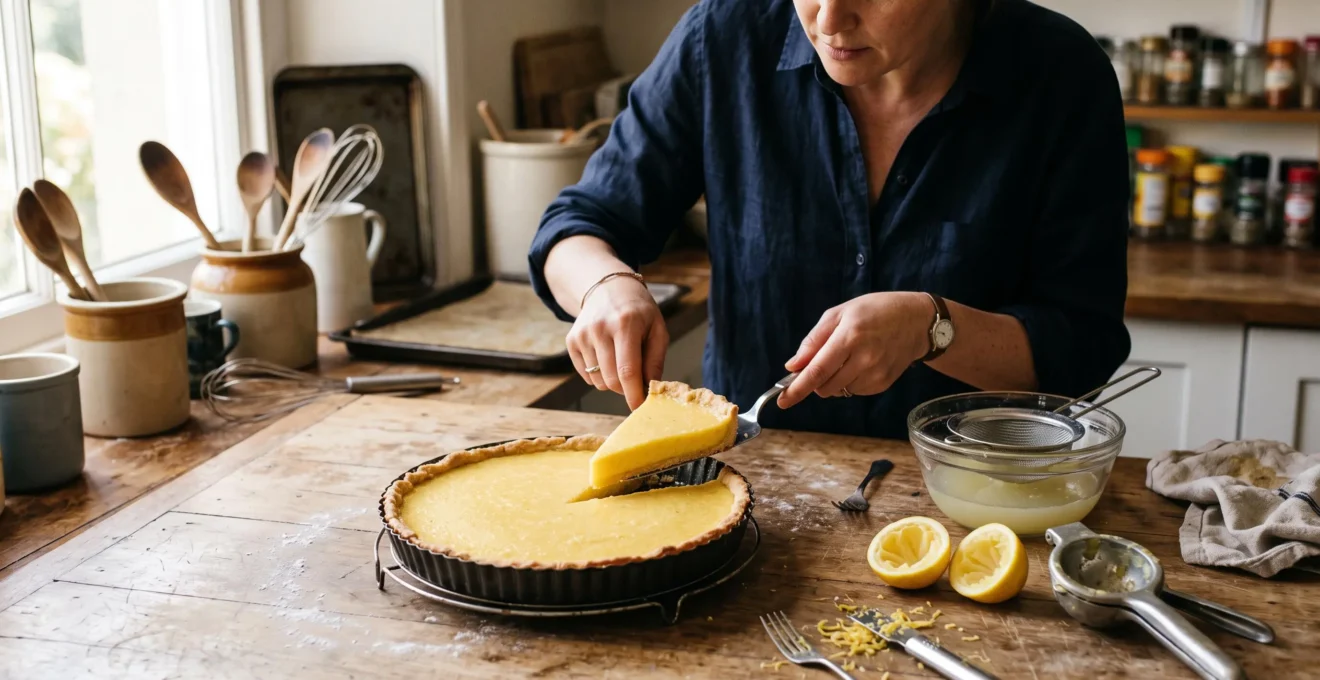 Une personne soulève une part de tarte au citron sur un plan de travail en bois, avec du jus de citron pressé et un presse-agrumes à côté.