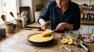 Une personne soulève une part de tarte au citron sur un plan de travail en bois, avec du jus de citron pressé et un presse-agrumes à côté.