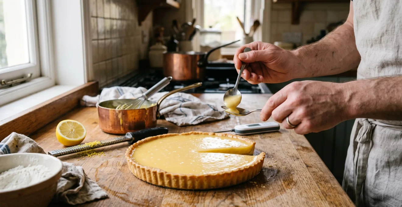 Une tarte au citron sortie du réfrigérateur sur un plan de travail en bois, avec une personne goûtant une petite portion de crème au citron dans une cuillère de dégustation.