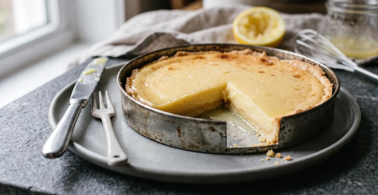 Une tarte au citron sans beurre coupée sur un plan de cuisine, la crème présentant un halo liquide clair au bord après un long passage au réfrigérateur.
