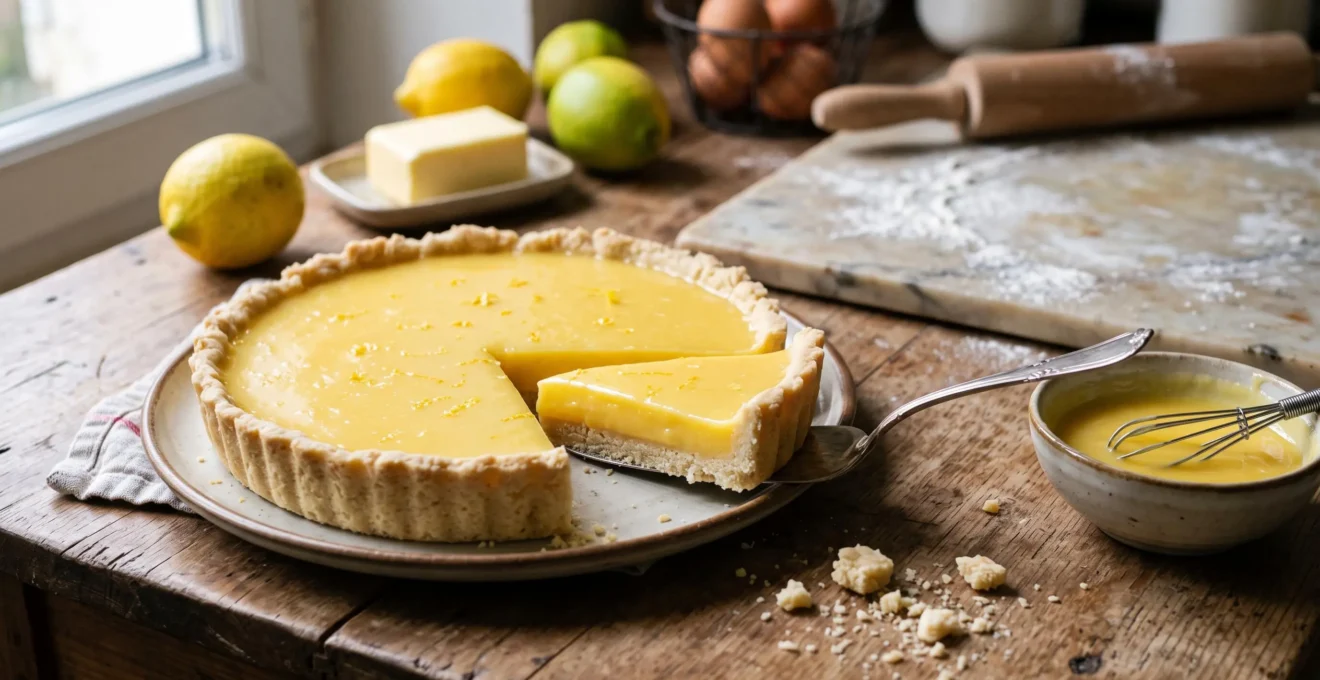 Une tarte au citron sans gluten coupée sur un plan de travail, révélant une crème au citron lisse et une pâte friable à la farine de riz.