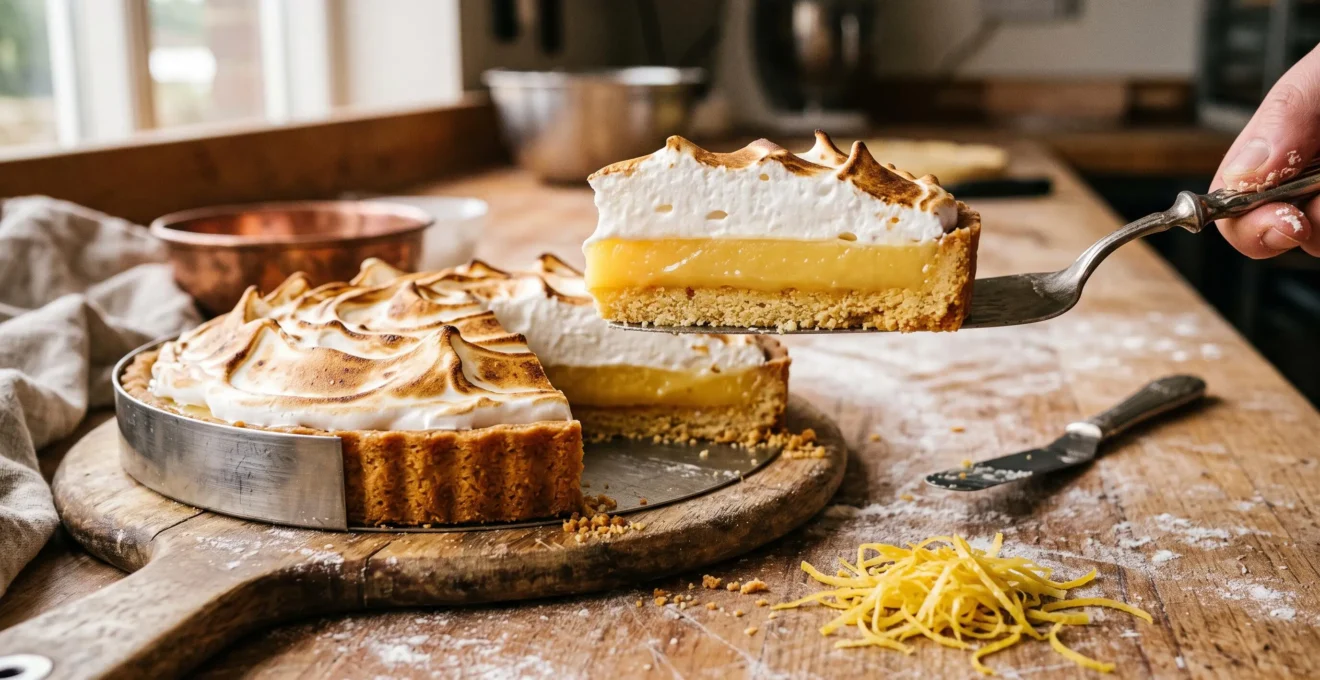Une part de tarte au citron soulevée à la spatule montre trois couches distinctes : fond sablé croustillant, crème citron lisse et meringue dorée.