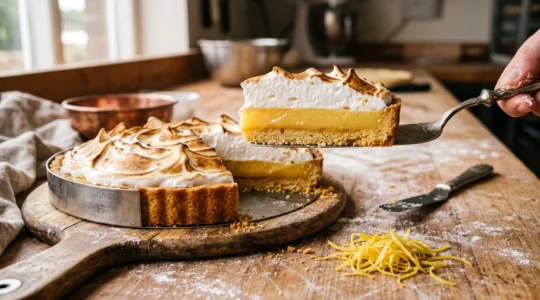 Une part de tarte au citron soulevée à la spatule montre trois couches distinctes : fond sablé croustillant, crème citron lisse et meringue dorée.