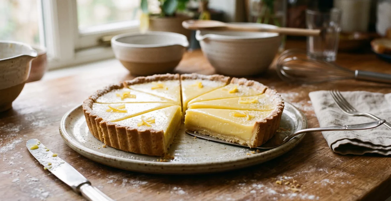 Une tarte au citron végétale coupée en huit parts nettes sur un plan de travail en bois, montrant une crème ferme et brillante.