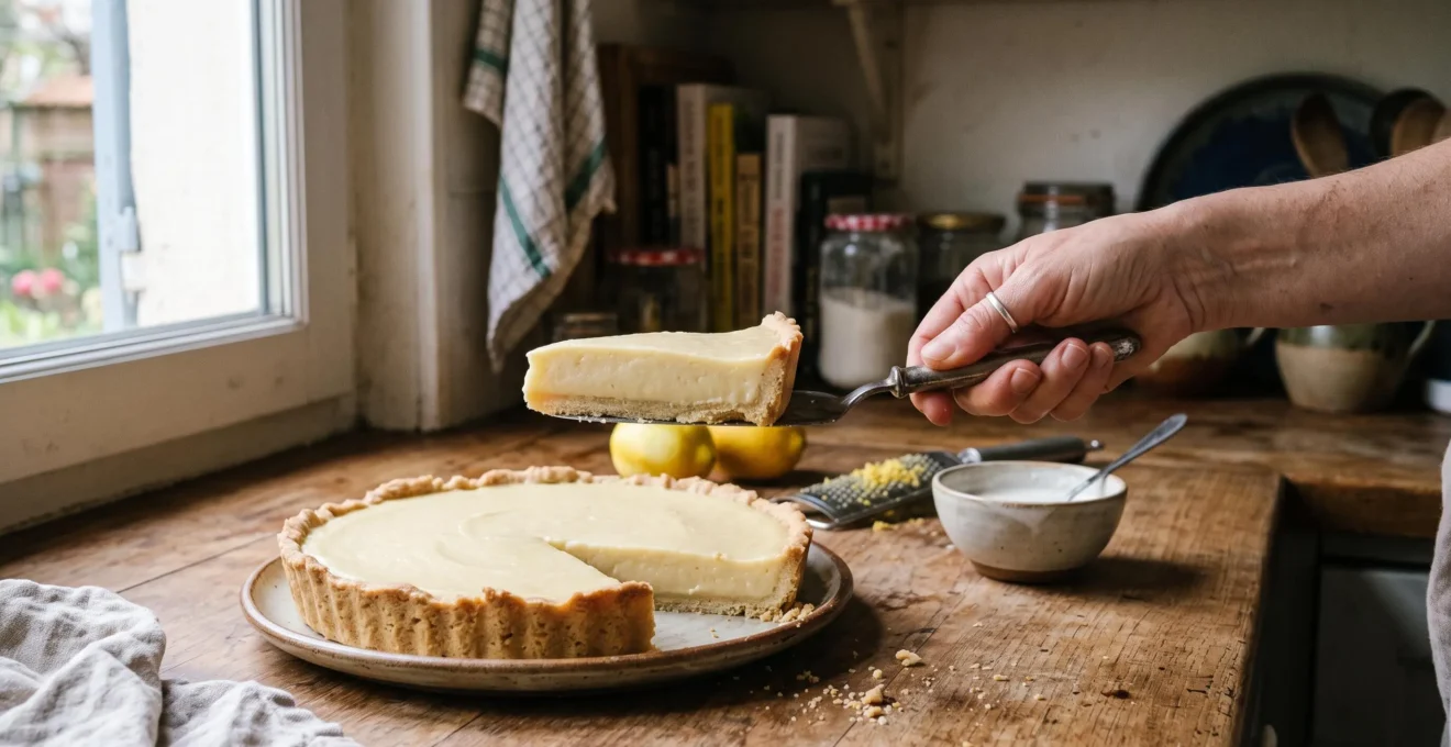 Une main soulève une part de tarte au citron végétale dont la crème à base de soja se tient bien à la découpe, sur un plan de travail de cuisine.