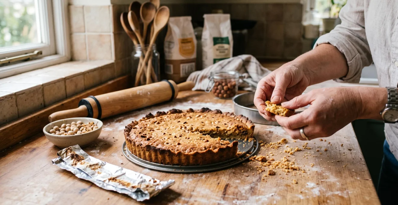 Une tarte au fond doré et friable sort de son moule, avec des miettes et un rouleau à pâtisserie posés sur un plan de travail en bois.