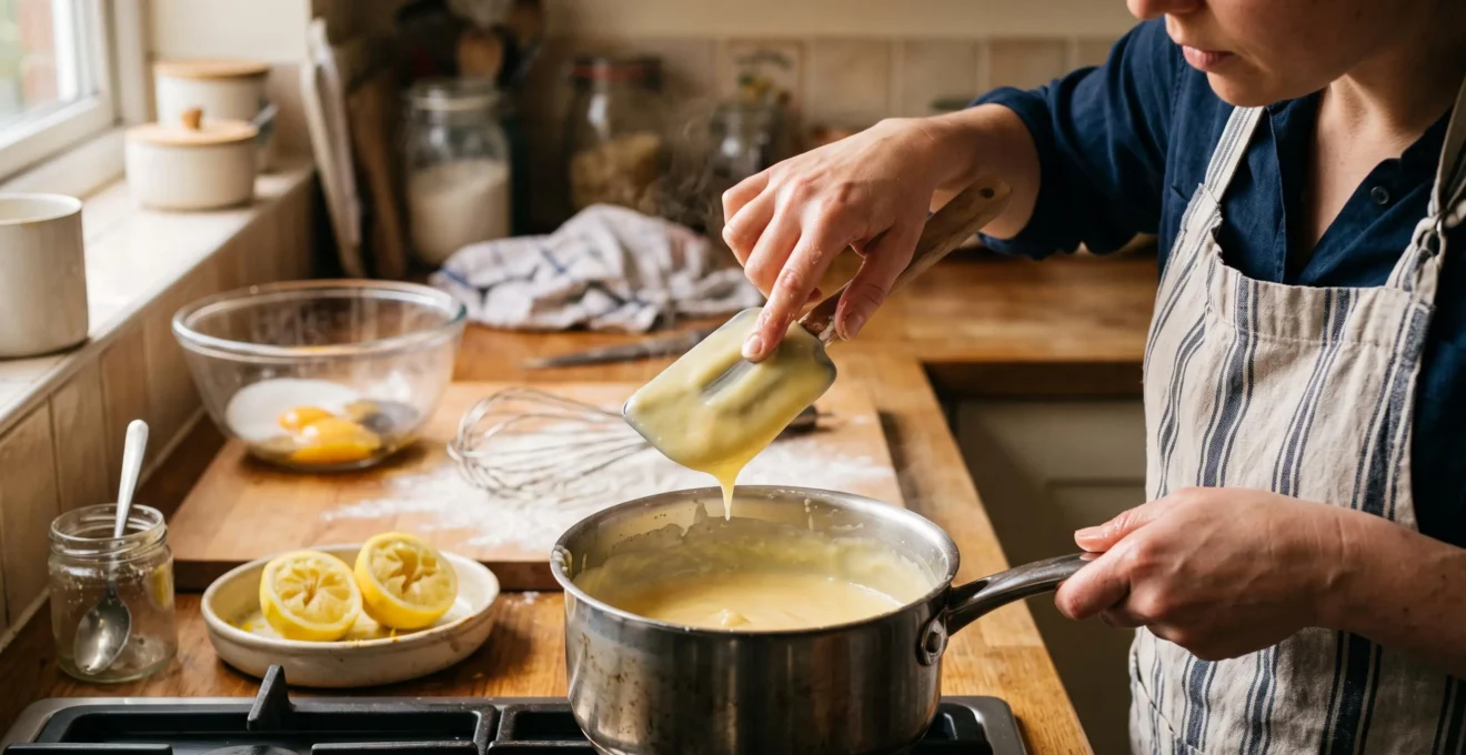 Une cuisinière passe le doigt sur une spatule nappée de crème au citron pour vérifier l'épaississement de la crème encore chaude.