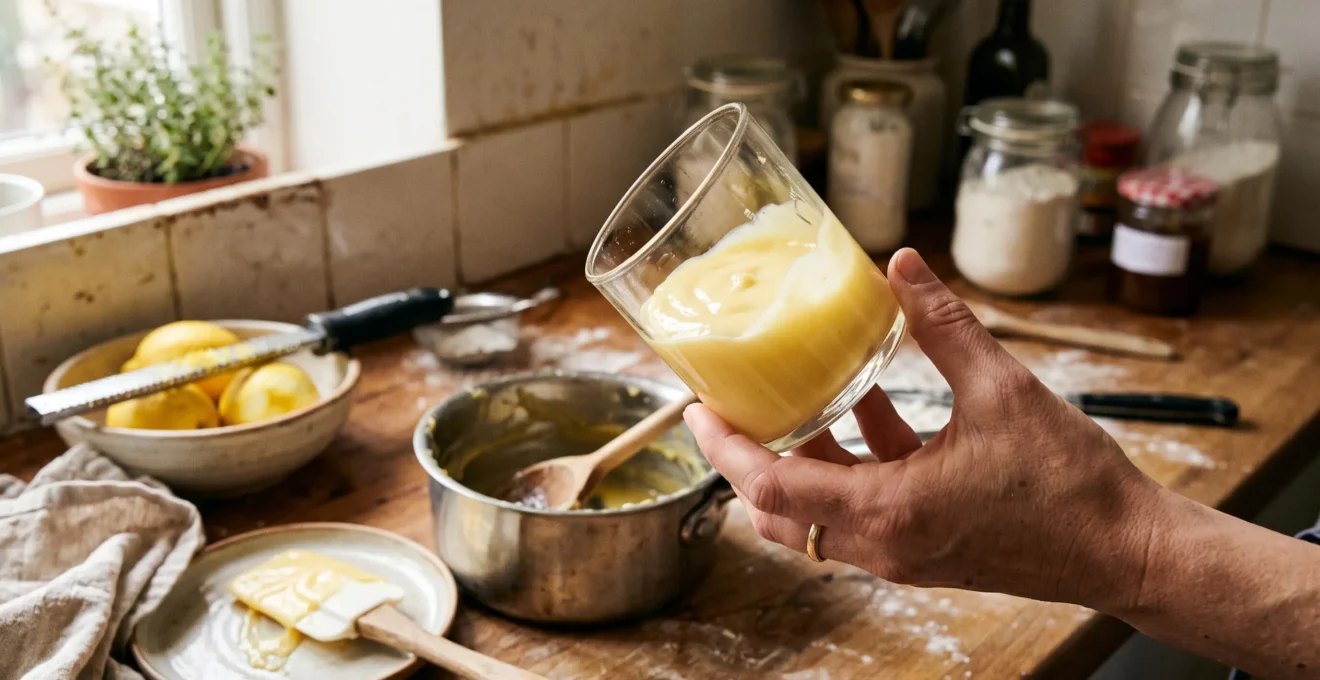 Une main incline une verrine de crème citron sur un plan de travail de cuisine pour montrer la souplesse de la crème.