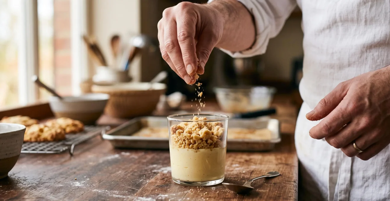 Une main pince des miettes de crumble au-dessus d'une verrine citron montrant la couche de pâte sablée sur la crème.