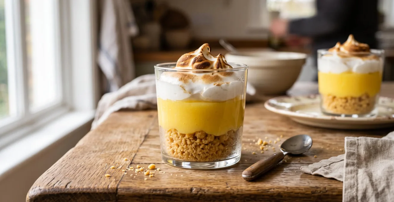 Une verrine tarte au citron en verre avec trois couches distinctes : crumble doré, crème au citron jaune vif et meringue légèrement dorée, posée sur un plan de travail en bois.