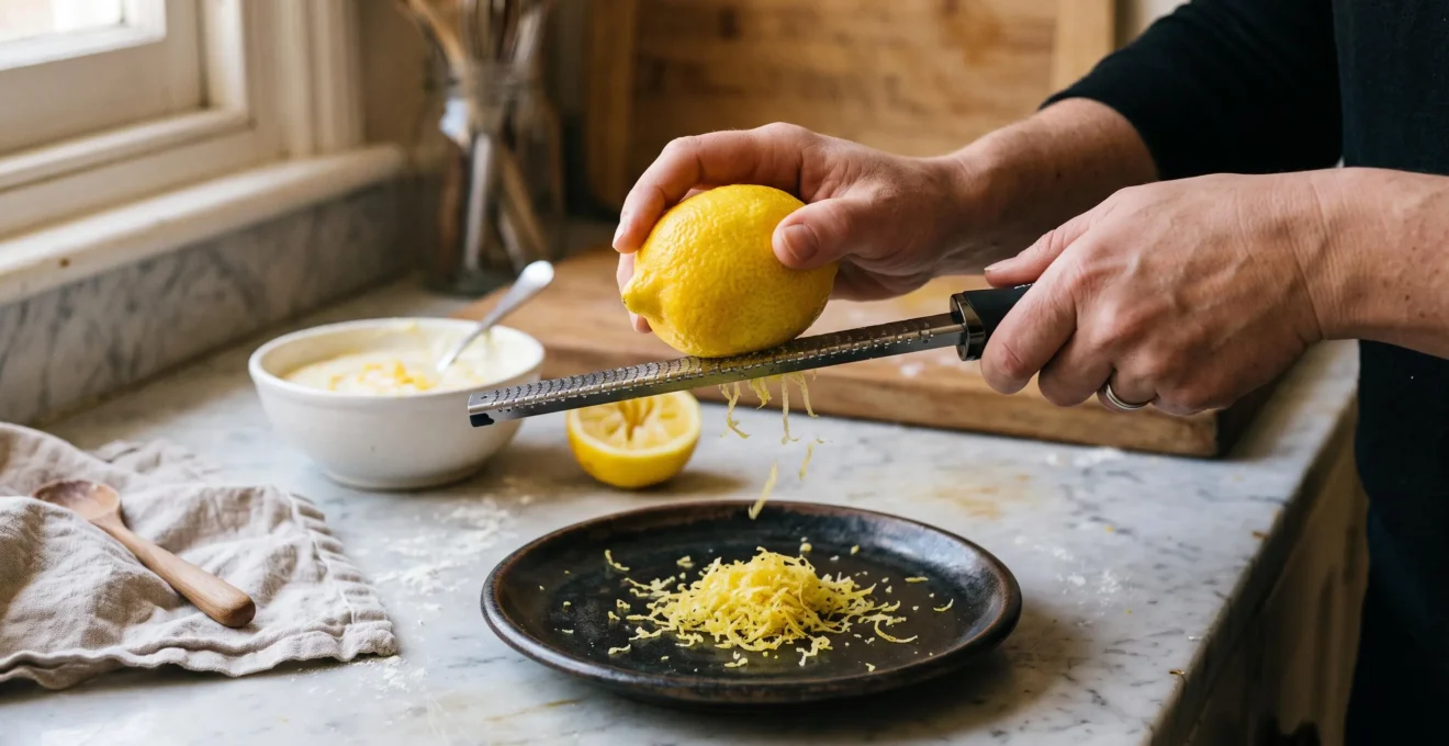 Une main râpe finement le zeste jaune d'un citron avec un zesteur fin au-dessus d'un plan de travail, près d'un bol de crème au citron.